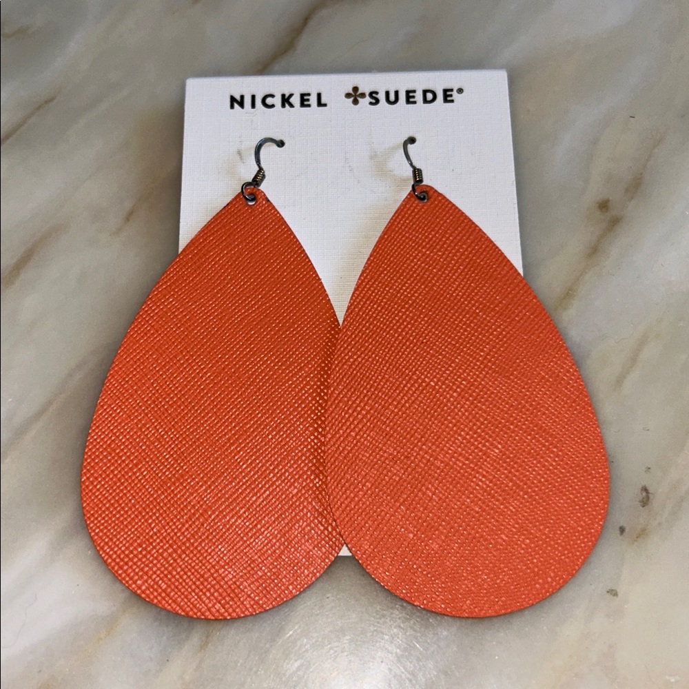 Nickel & Suede Leather Tangerine Teardrops NEW Nickel Free